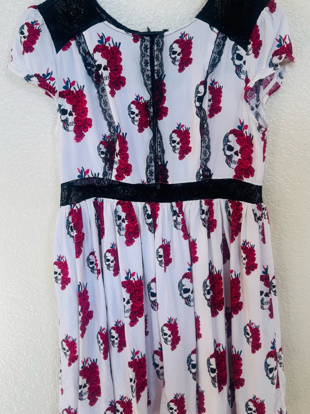 Royal Bones White Dress with Red Floral Skull Print and Black Lace Trim